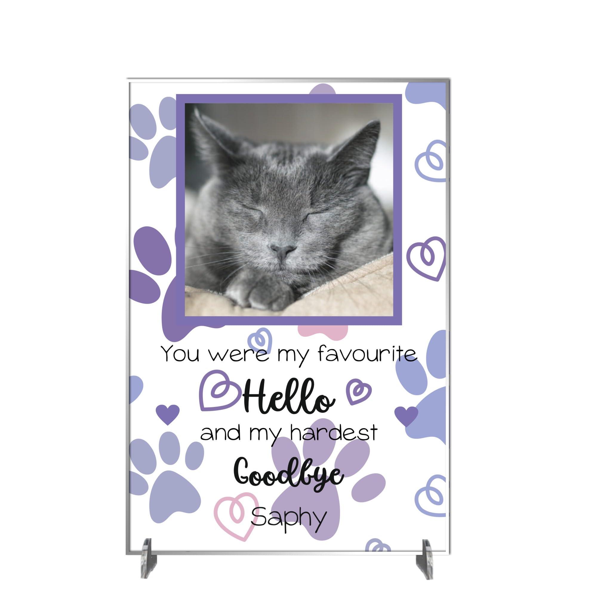 Personalised Pet Bereavement Photo Plaque - "Favourite Hello Hardest Goodbye" Custom Memorial, Available in MDF or Acrylic, Size 148mm x 210mm (Acrylic A4 30cm x 21cm, Purple)