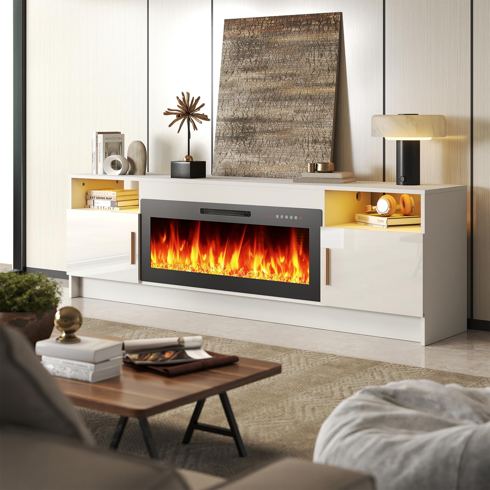 Ludatido 70 Inch TV Stand with 36 inch Electric Fireplace, LED Light Entertainment Center for TVs Up to 80" Modern Wood Media TV Console with