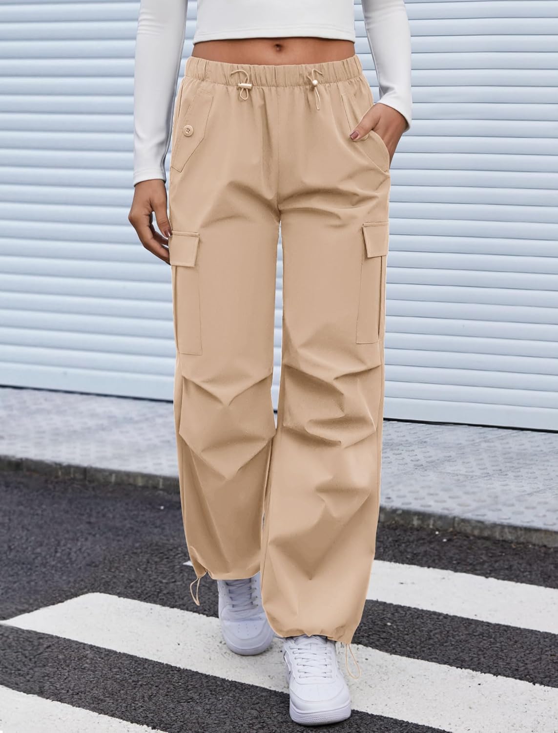 Cargo Pants Women Elastic Waisted Parachute Hiking Pants with Pockets Water-Resistant Lightweight Baggy Pants - Image 2