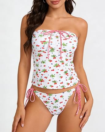 Pink Y2K Tankini Set for Women Strawberry Floral String Triangle Bikini Sets Sexy Swimsuit Grunge Vintage 2000s Bathing Suit