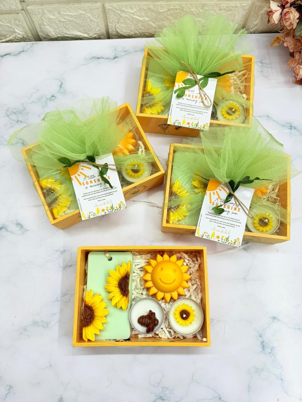 Sunshine Theme Baby Shower Hamper | Sachet, Soap and Tlight Combo | MDF Wood Base Gift Pack (4)-image-33