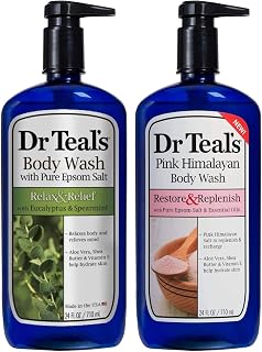 Dr Teal's Body Wash Variety Gift Set (2 Pack, 24oz Ea.) - Relax & Relief Eucalyptus & Spearmint, Restore & Replenish Pink Himalayan - Pure Epsom Salt & Essential Oils Ease Pain & Stress