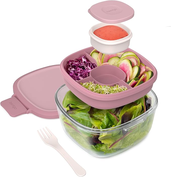 (Rose) - Bentgo Glass - Leak-Proof Salad Container with Large Salad Bowl, 4-Compartment Bento-Style Tray for Toppings, 89ml Sauce Container for Dressings, and Built-In Reusable Fork (Rose)