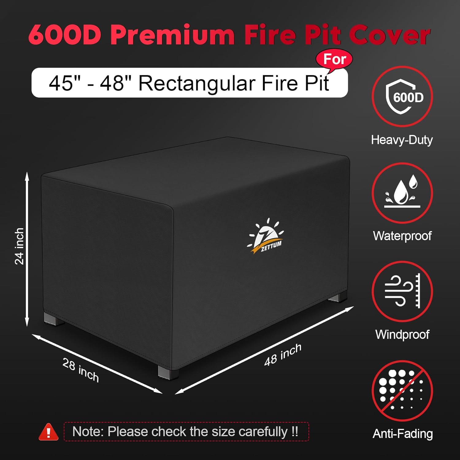 Zettum Fire Pit Cover Rectangular 48 Inch - Outdoor Fire Table Cover Rectangle Heavy Duty & Waterproof, 600D Patio Propane Gas Firepit Cover Rectangular Fade & Weather Resistant - 48 x 28 x 24 Inch