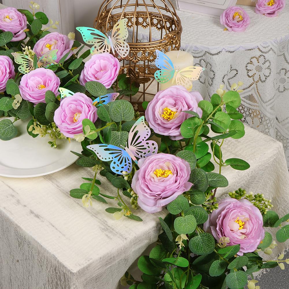Highdi Finta Pianta Artificiale, Artificiale Rampicante Ghirlanda Farfalla Fiore di Rosa Pendenti Finte Pianta Foglie per Decorazione Parete Festa Matrimonio Giardino Esterno (Rosa,4 Pezzi)