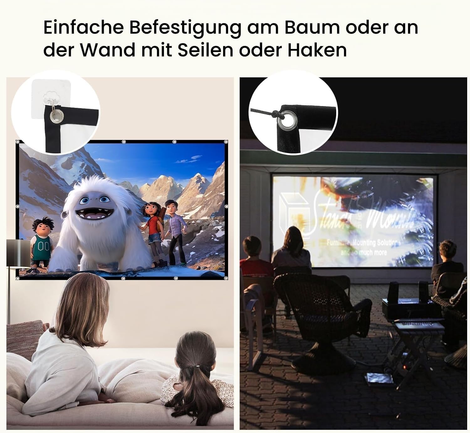 Leinwand Beamer 120 Zoll: Ruschen verdickt und tragbare Beamer Leinwand 265 x 149 cm, 16:9 HD faltbar & knitterarme Projektionsleinwand für Heimkino, Garten, Camping, Büro, inkl. Haken & Seile