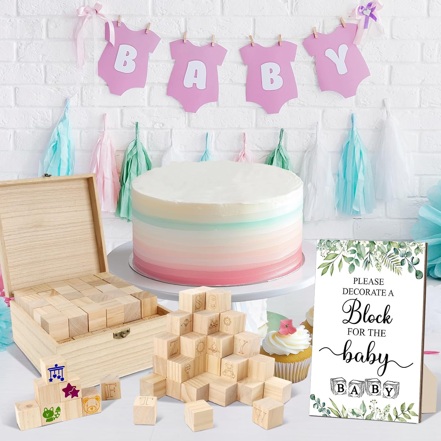 150 Pcs Green Leaf Baby Shower Games Sign Kit, Including a Decorate Flower Game Sign 102 DIY Wooden Blocks 36 Acrylic Markers 10 Stencils 1 Storage Box, for Baby Shower Party Gender Reveal