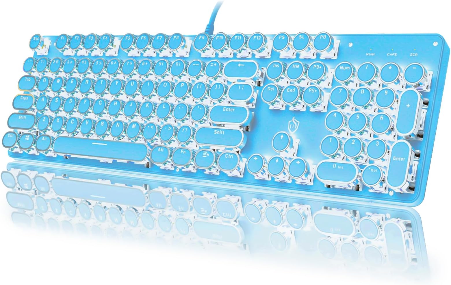 Typewriter Style Mechanical Gaming Keyboard White Backlit Wired with Blue Switch Retro Round Keycap 104 Keys Keyboard (Blue)