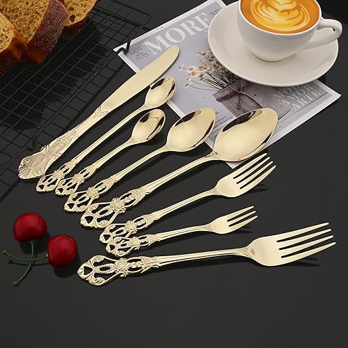 Miniatura 2 de JASHII 304 Royal Palace - Juego de cubiertos vintage de acero inoxidable para 4, 32 piezas, mango hueco en relieve, juego de tenedores y cuchillos