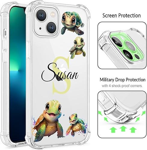Miniatura 3 de Nombre personalizado e inicial Cute Turtle - Funda transparente para iPhone 16 Pro Max 15 14 13 12 11 Xs Max Xr SE3 8 7 6 Plus 11 Pro Mini, con