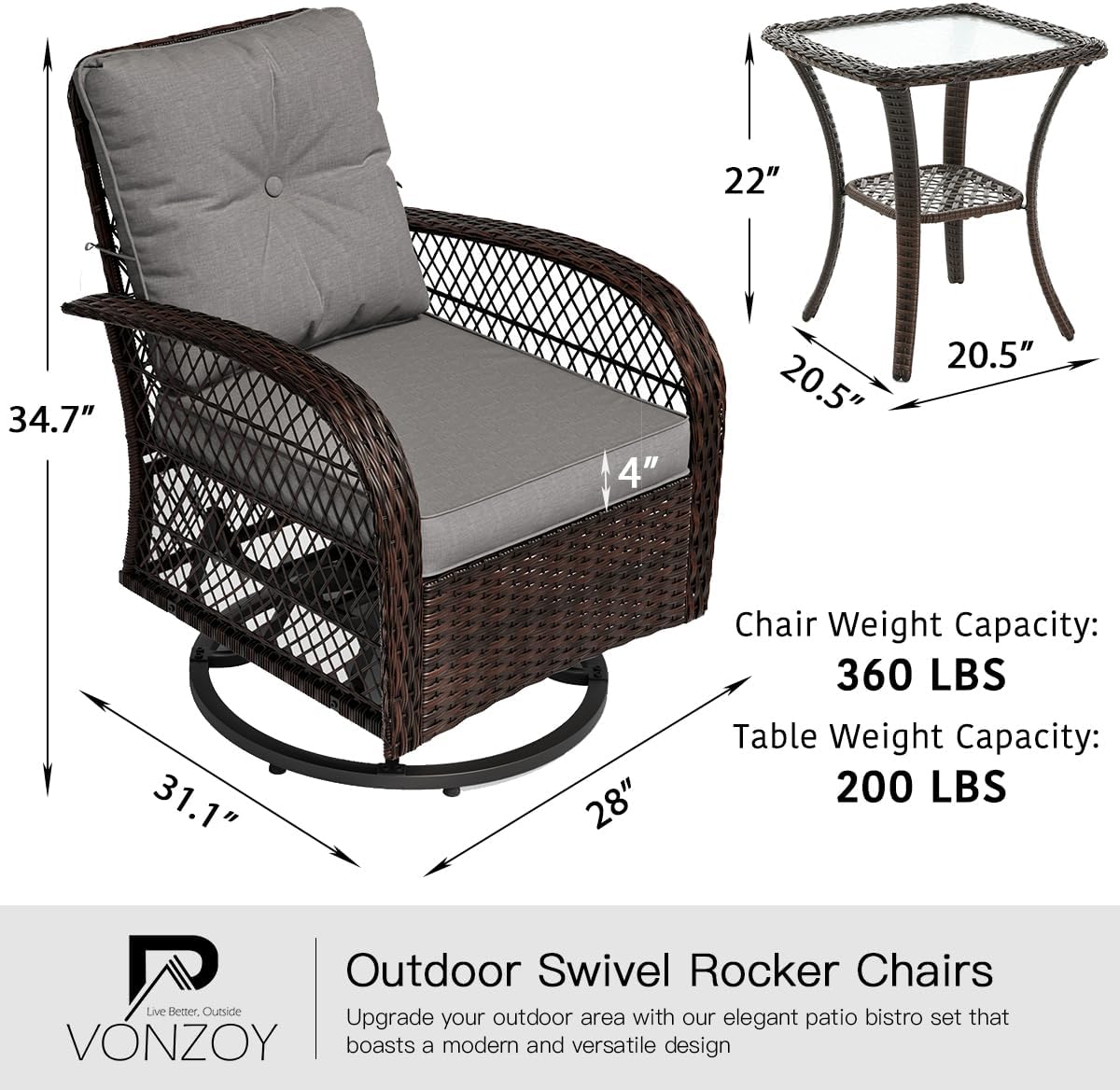 3 Pieces Patio Furniture Set, Outdoor Swivel Glider Rocker, Wicker Patio Bistro Set with Rocking Chair, Thickened Cushions and Table for Porch (Grey)