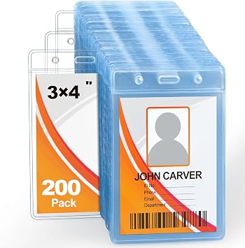 200Pcs No Zipper Vertical ID Name Badge Holder 3 x 4 Inches | Clear Plastic ID Card Holder