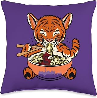 Retro Downtown City Tiger Wrinkled Hippie Funny Tiger Eating Chicken Ramen Noodles Throw Pillow, 16x16, Multicolor
