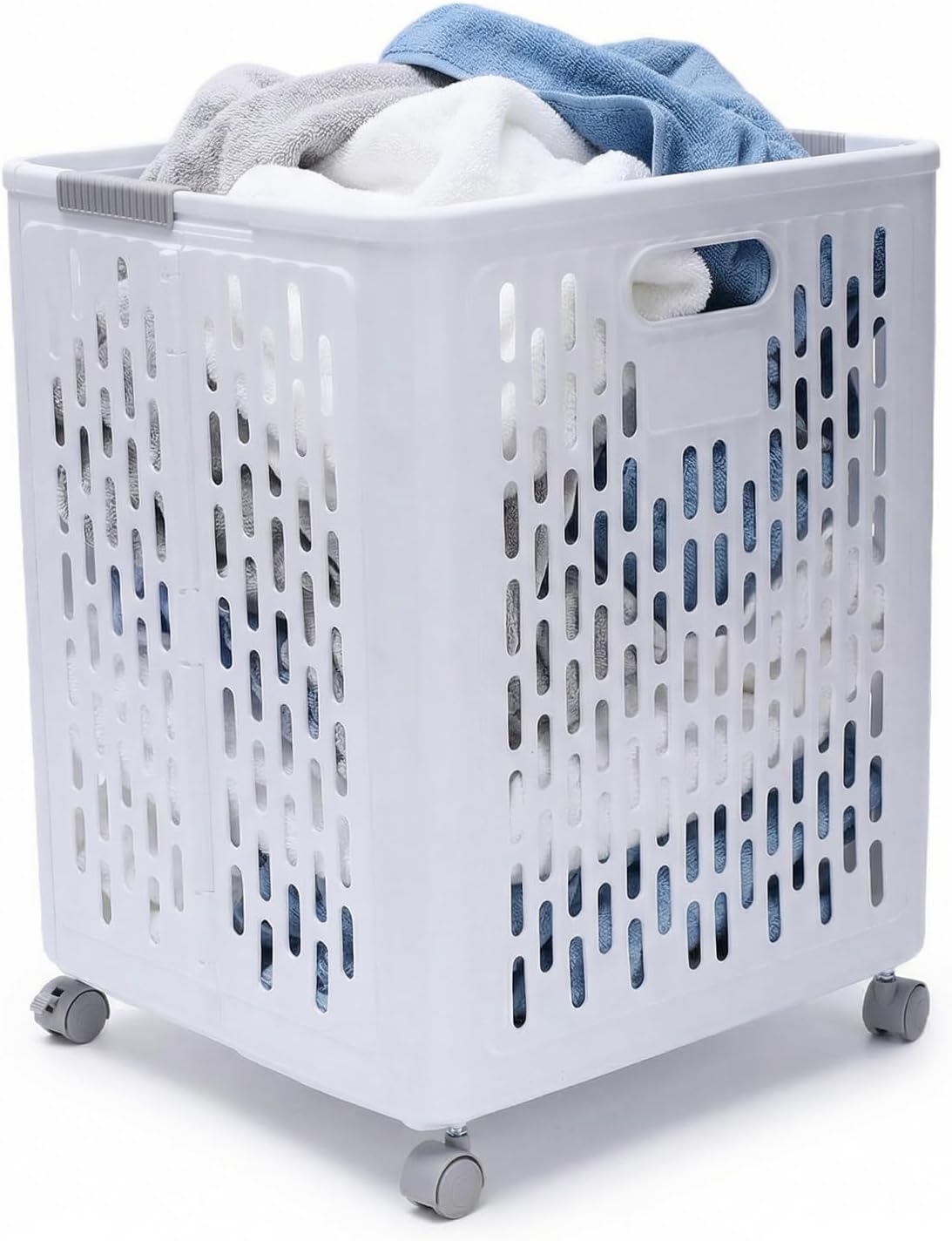 60L Collapsible Laundry Baskets, Plastic Laundry Hamper with Handles, Foldable Laundry Bin, Laundry Basket with Wheels for Laundry Room Organization, Ideal for Clothes, Towels, Blanket, White