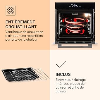 Klarstein Smart Recessed Electric Oven, Integrated Kitchen Ovens 11 Modes with Defrost Function, Convection, Grill, 73L IoT Oven with One Button Control, Multifunction Black