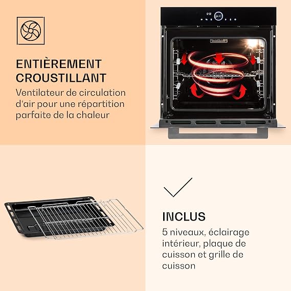 Klarstein Smart Recessed Electric Oven, Integrated Kitchen Ovens 11 Modes with Defrost Function, Convection, Grill, 73L IoT Oven with One Button Control, Multifunction Black