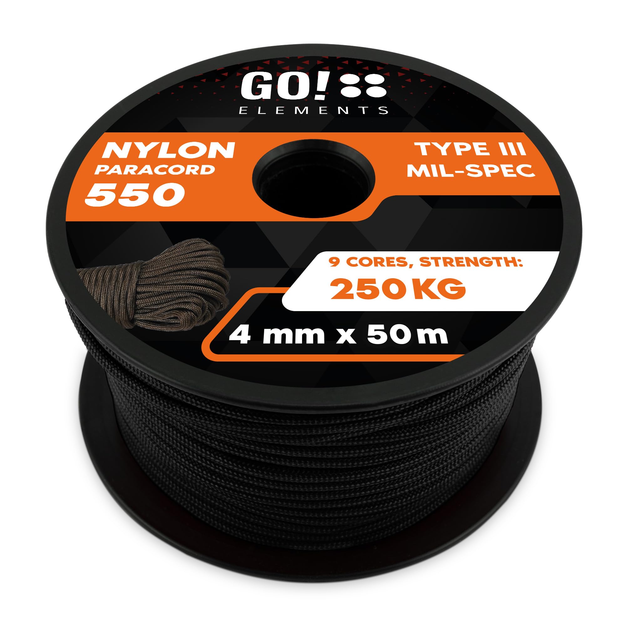 GO!elements Paracord Seil aus reißfester Nylonschnur - 4mm Paracord 550 Typ III Schnur - geeignet als Allzweckseil & Reepschnur - Max. 250kg