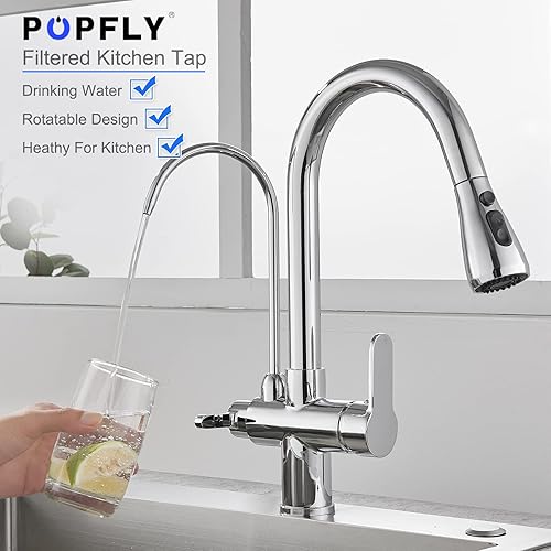 Miniatura 2 de POPFLY Grifo de cocina con grifo de agua potable, grifo purificador de filtro de agua 3 en 1, rociador extraíble de 3 funciones, material de latón,