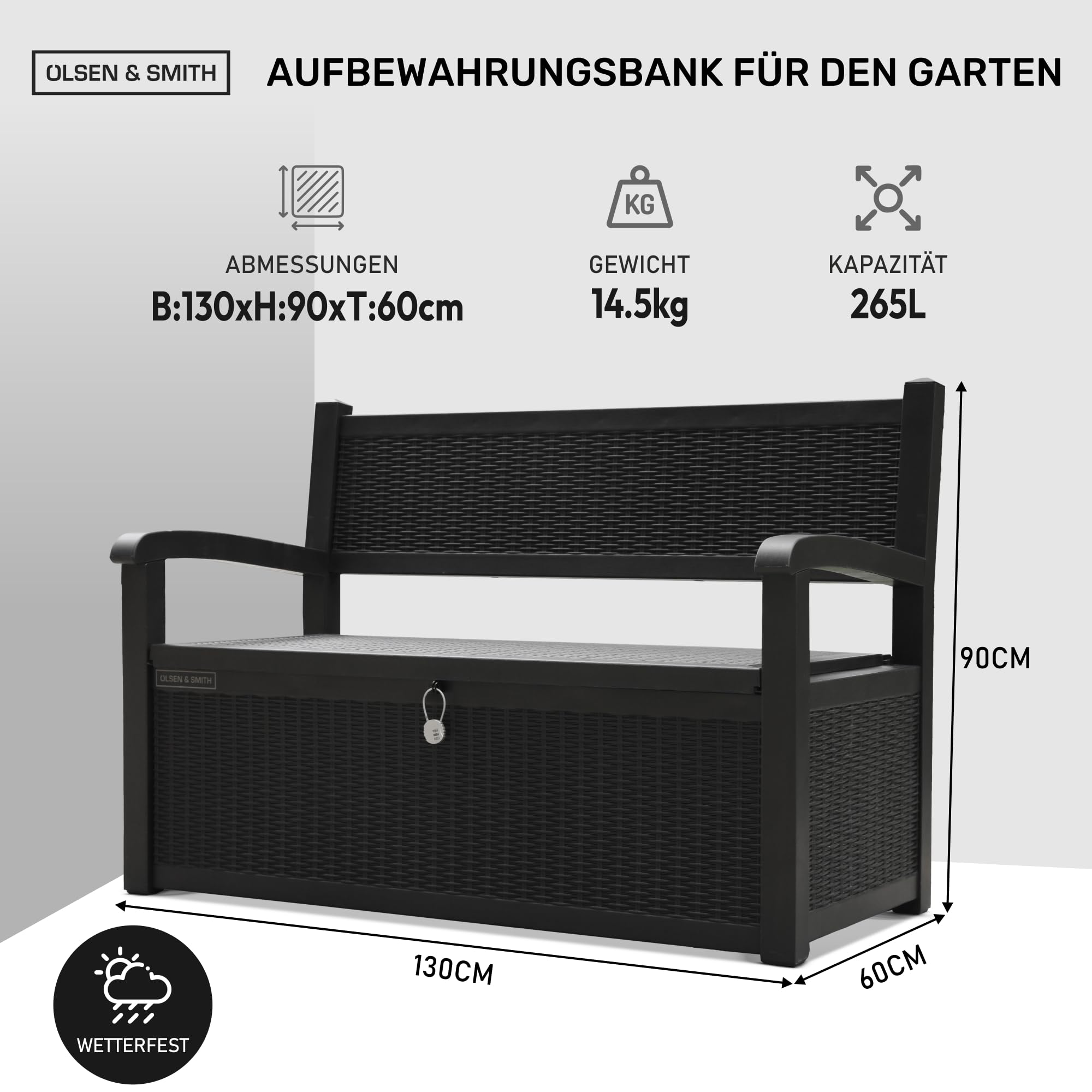 Olsen & Smith 265 Liter Gartenbank Wetterfest mit Stauraum Truhenbank Verschließbare Aufbewahrungsbox Auflagenbox Kunststoff Wetterbeständig Wasserdicht für Werkzeuge Spielzeug Decken und Mehr Schwarz