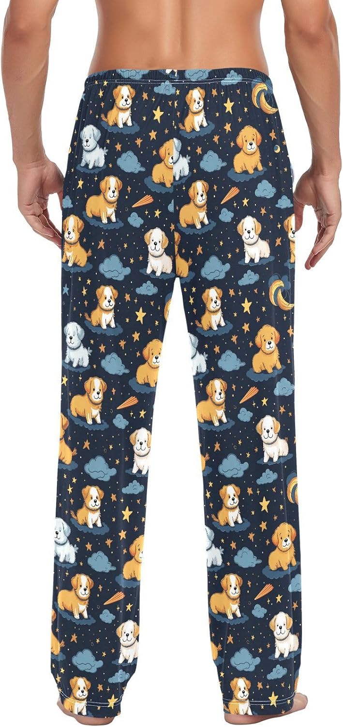 ALAZA Cute Puppy Dogs Moon Stars Men's Pajama Pants Men Cotton Pajama Bottoms with Pockets, S