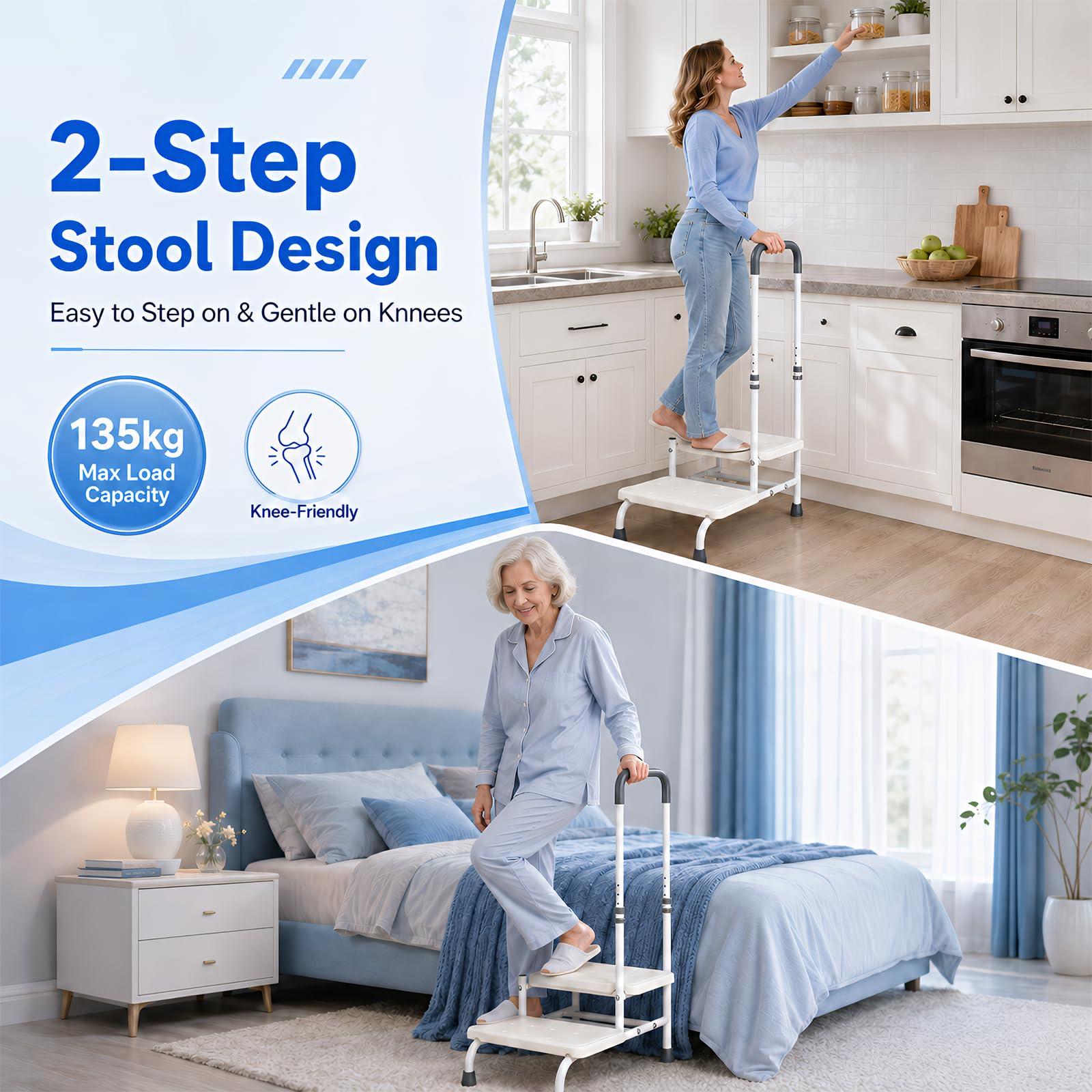 Taburete con asa, 2 niveles, ayuda para entrar en la bañera, antideslizante, hasta 200 kg, nivel de bañera estable para personas mayores y discapacitados, superficie antideslizante para baño, cama y