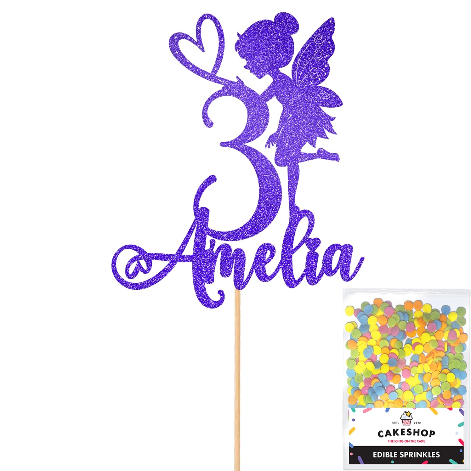 Personalised Fairy Gltter Cake Topper- Bright Blue Any Custom Name & Age Glitter Cake Decoration and Sprinkles - Happy Birthday Decorations - Personalised Toppers for Cakes by Cakeshop — image 1