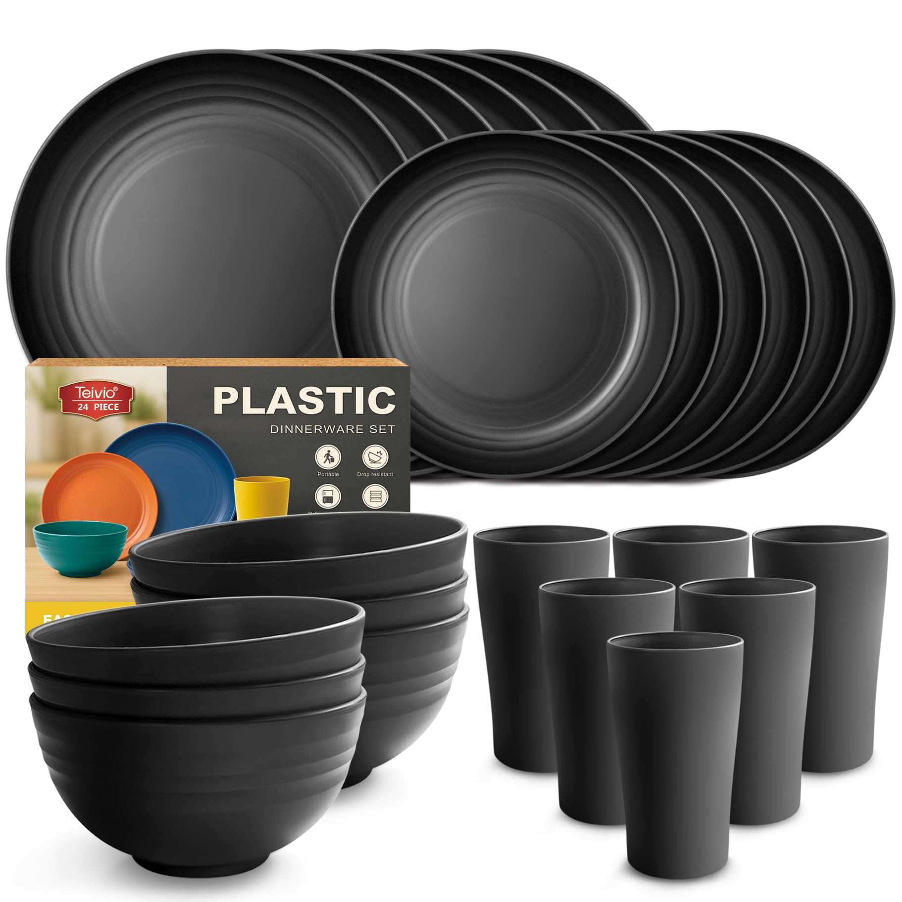 Teivio 24-Piece Kitchen Plastic Dinner Set, Service for 6, Dinner Plates, Dessert Plates, Cereal Bowls, Cups, Unbreakable Plastic Plates and Bowls Set, Outdoor Camping Dishes, Black