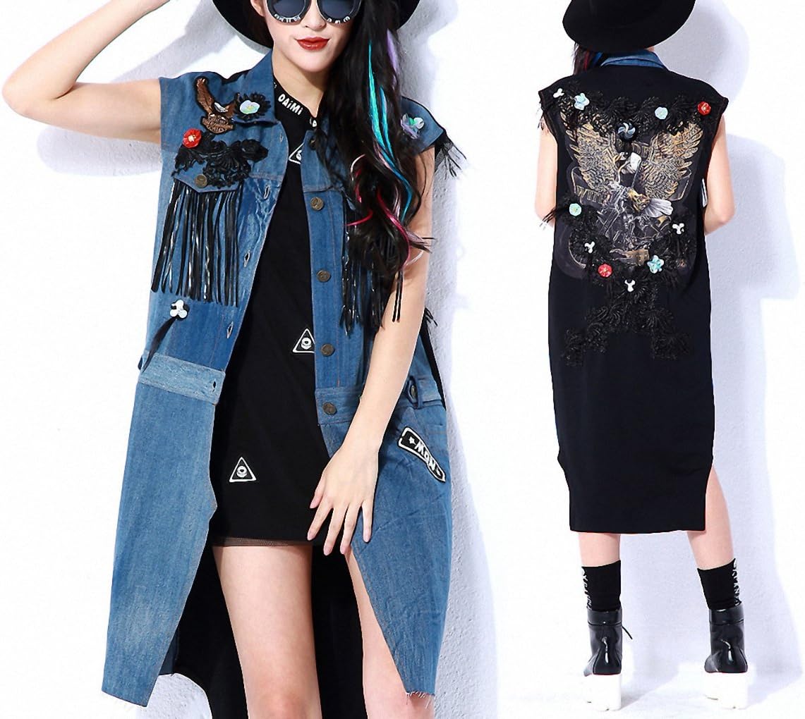 2017 embroidered jean denim jacket long vestcoat as picture S