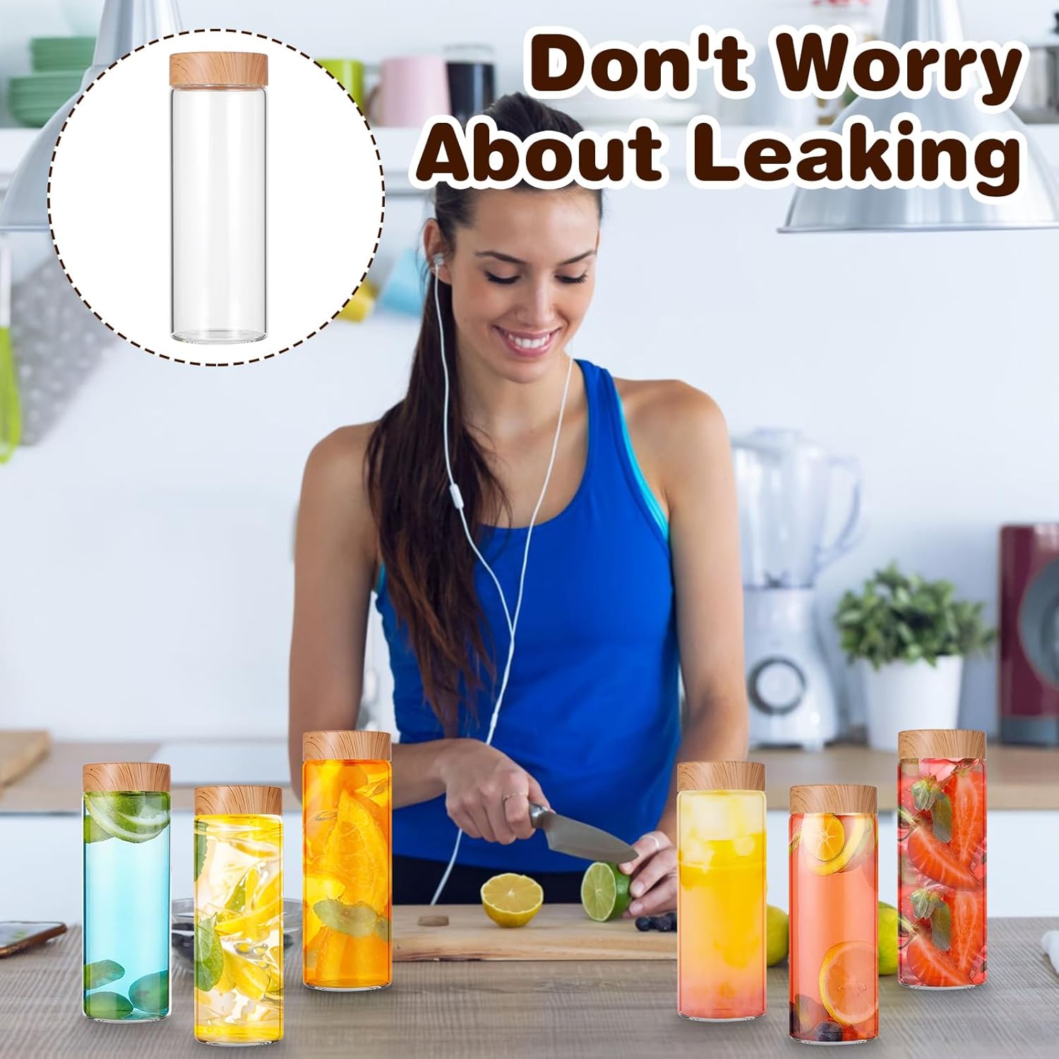 6 Pack Glass Bottles with Lids 12 oz Juicing Bottles Reusable Glass Wide Mouth Juice Bottle for Juicing Airtight Leak Proof Drinking Milk Water Bottle for Juice Tea Milk Storage