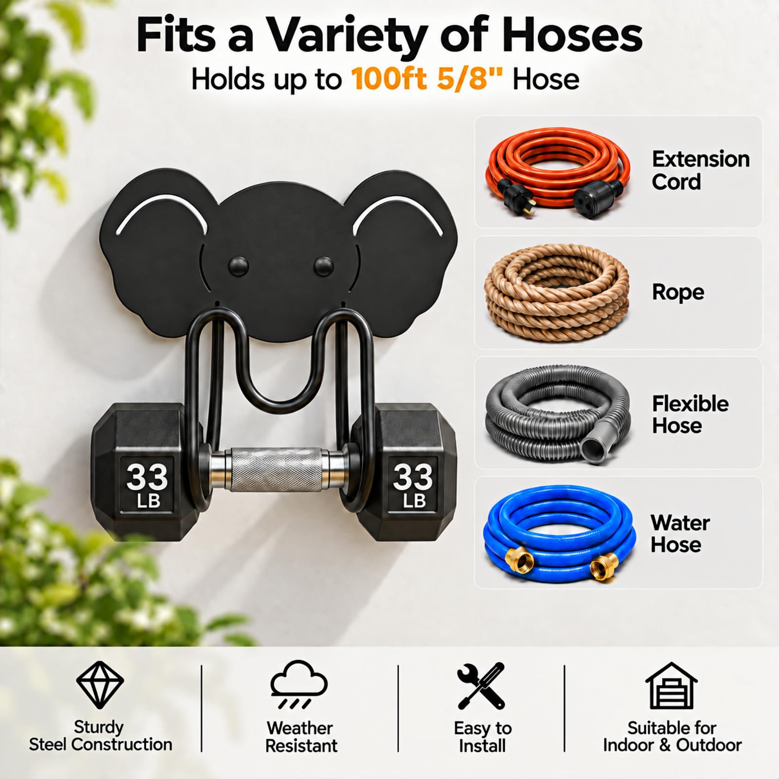 Supporto per tubo da giardino, supporto da parete, testa di elefante