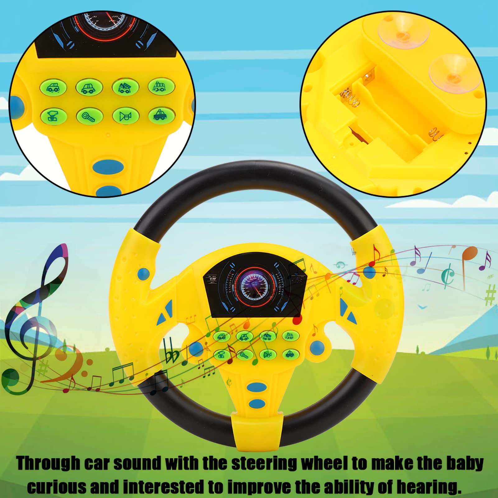 Small Steering Wheel Toy Baby Educational Copilot Steering Wheel Music Children Intelligent Toy Simulation Car Driving Toy for Kids Gift (Yellow) - Image 4