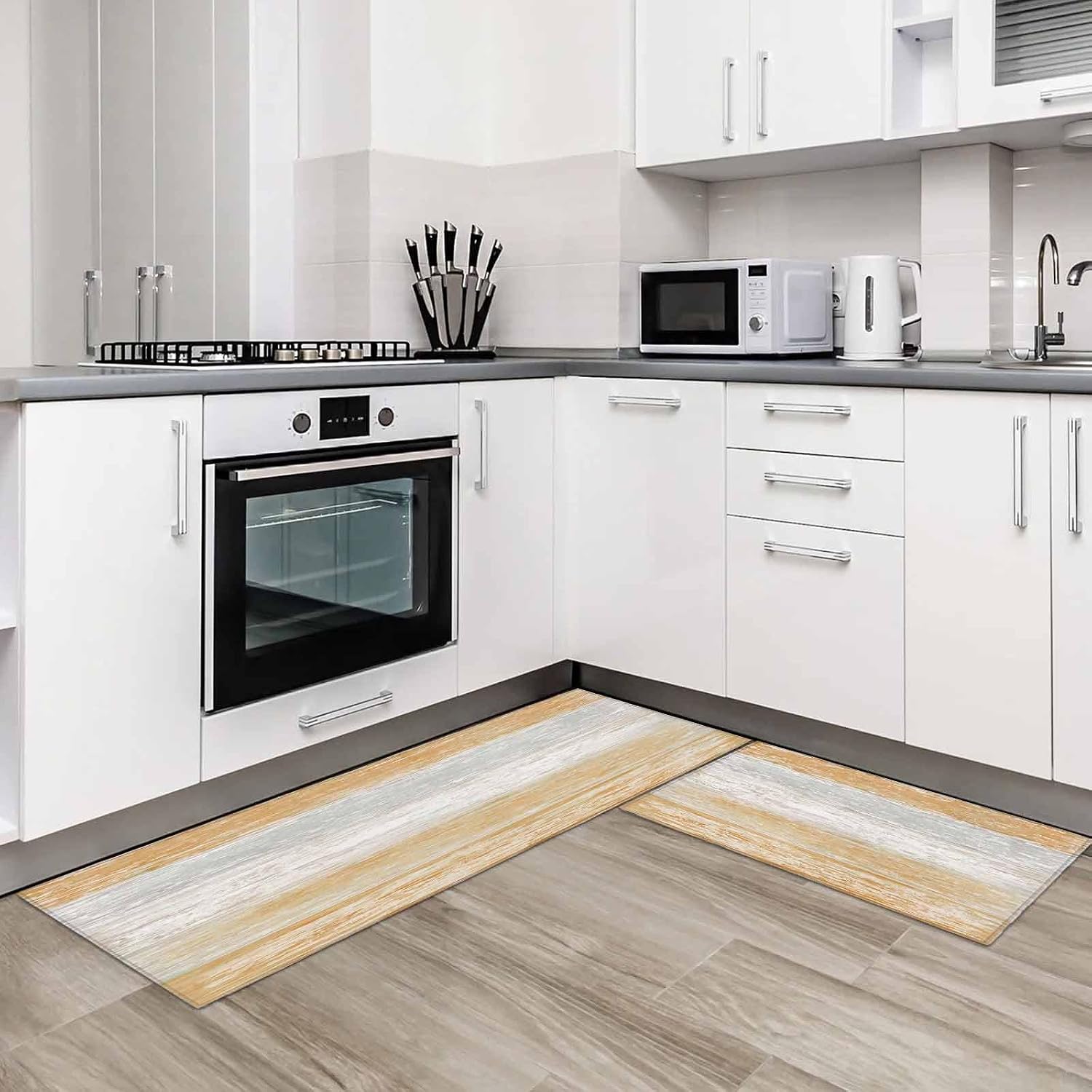 Kitchen Mats for Floor Farmhouse Yellow Wooden Grain Washable Non Slip Kitchen Rugs 2PCS, Vintage Mottled Texture Absorbent Standing Mats for Sink Bathroom Office Living Room 15.7x23.6in+15.7x47.2in