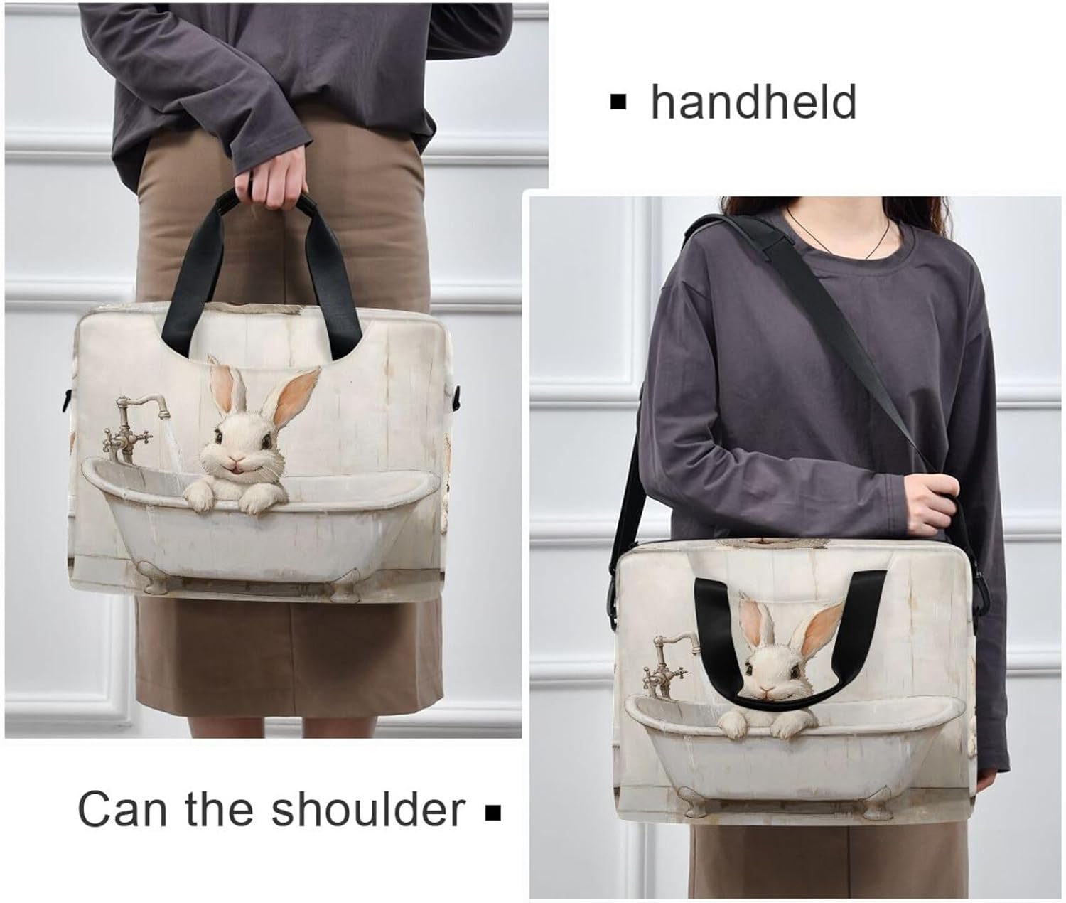 Sleeve for Laptops Portable Crossbody Messenger with Handle and Shoulder Strap 15.6 inch Computer Case Cartoon Cute White Bath Rabbit