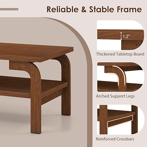 Miniatura 6 de GOFLAME Mesa auxiliar rectangular con almacenamiento, mesa central moderna de mediados de siglo con estante abierto y patas curvas, 2 niveles, mesas
