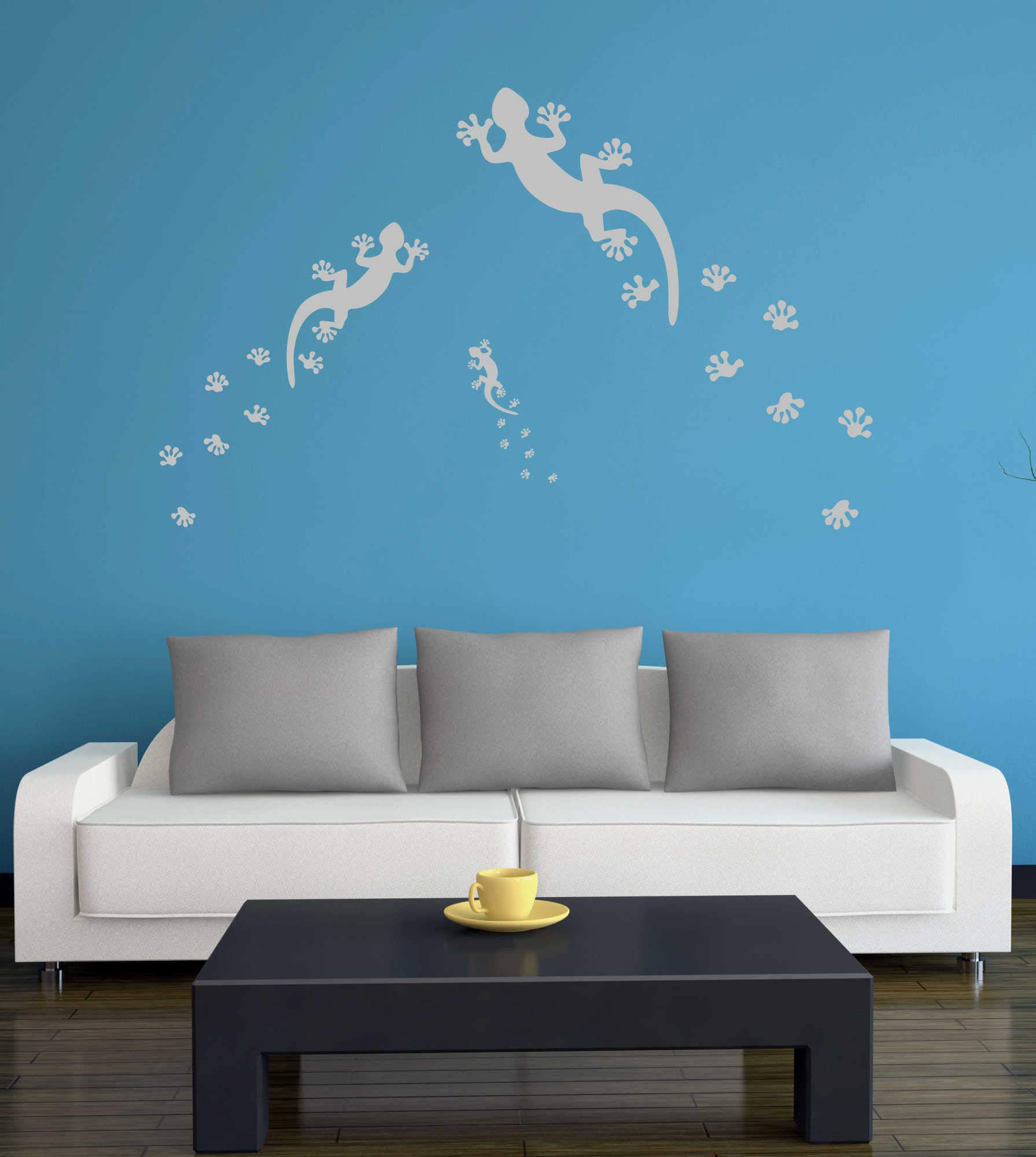 Wandtattoo 3x Gekkos Mit Spuren – 60cm, 40cm, 17cm, Hellgrün, Selbstklebend, Für Tapete, Putz, Glas