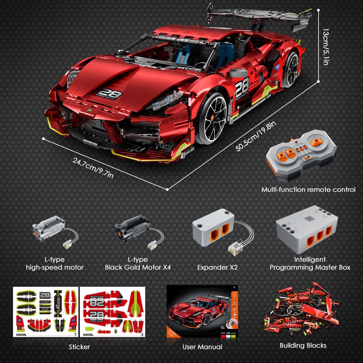 HOGOKIDS Technik Ferngesteuerter Auto Bauspielzeug - 1:10 Skala 2202 Teile Rennauto Bausatz, 2.4 GHz Aufladbarer Drift Racing Car Modellauto für Kinder Jungen Erwachsene Männer Geburtstagsgeschenk