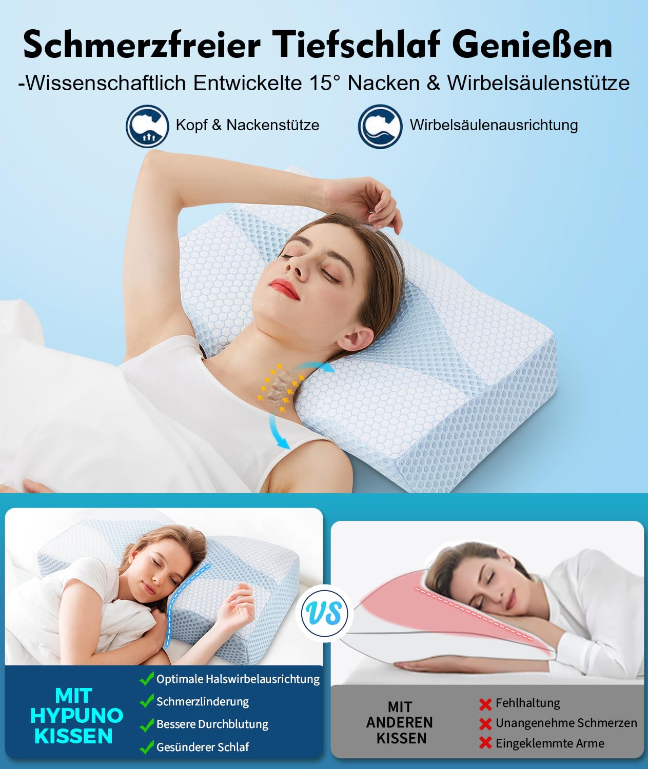 Cuscino Ortopedico in Memory Foam per il Collo con Supporto Cervicale Contro il Dolore al Collo e alle Spalle con 2 Altezze e Fodera Lavabile - Cuscino Ergonomico per il Sonno e il Comfort per