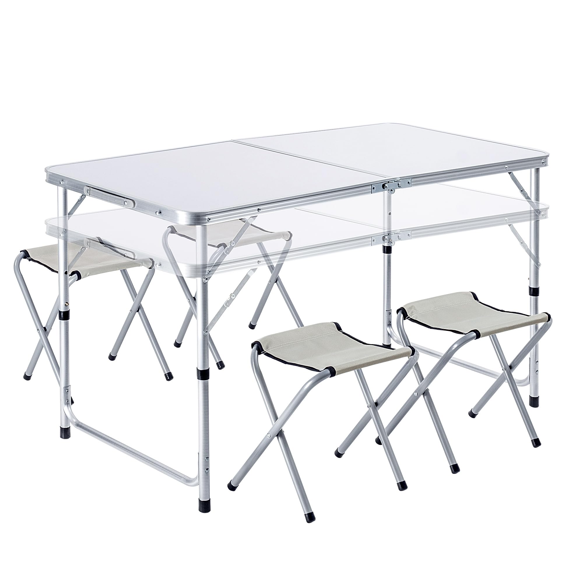 KADAX Juego de Muebles de Camping: Mesa Plegable Con 4 Sillones Ajustables en Altura, Multifunción (Plata y Blanco)