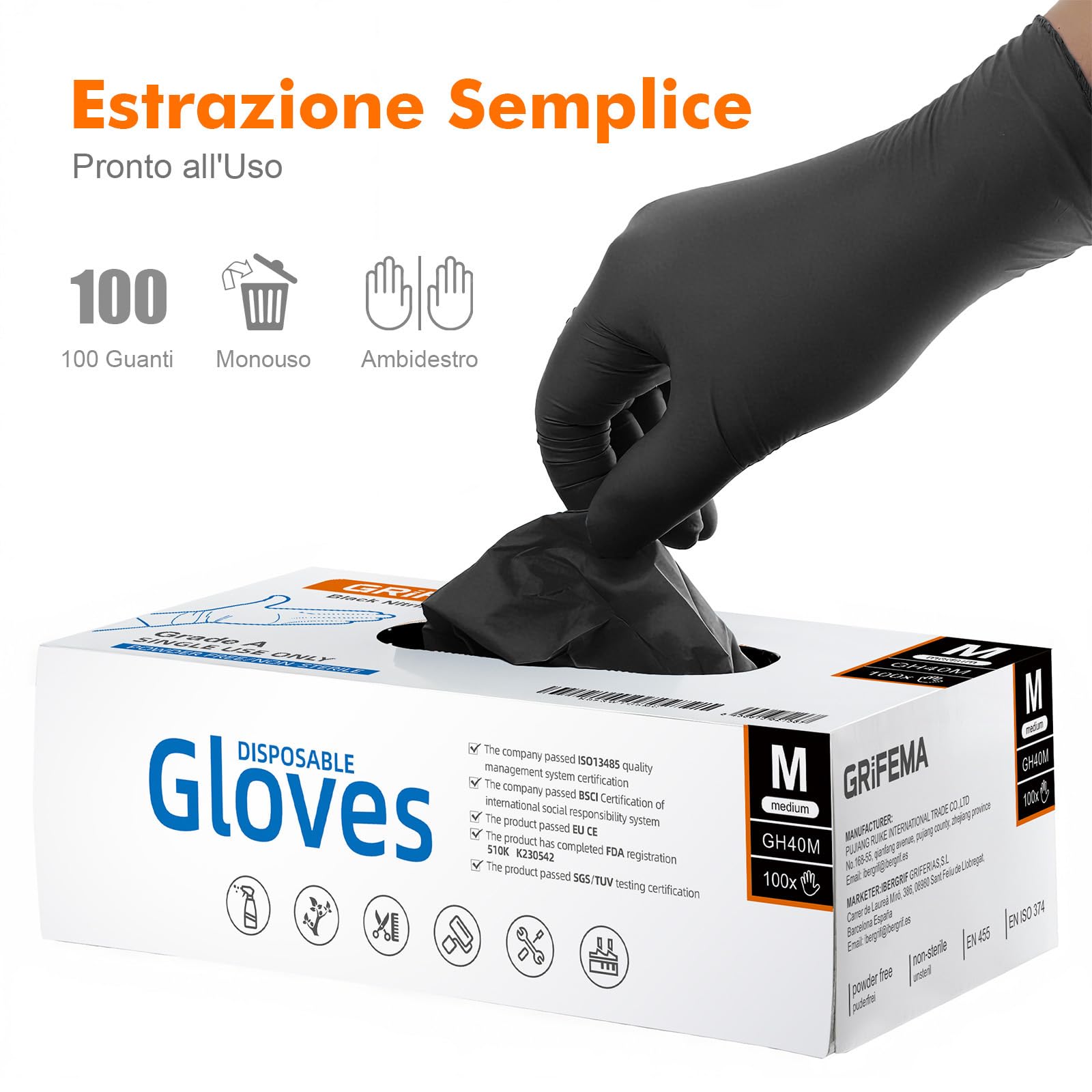 GRIFEMA Guanti in Nitrile Neri 100 Pezzi Taglia, Monouso Senza Polvere e Lattice, Uso Alimentare, Cucina, BBQ Pulizie, Tatuaggi, Bellezza, Alta Sensibilità Tattile, Effetto Seconda Pelle, EN 455/374-M