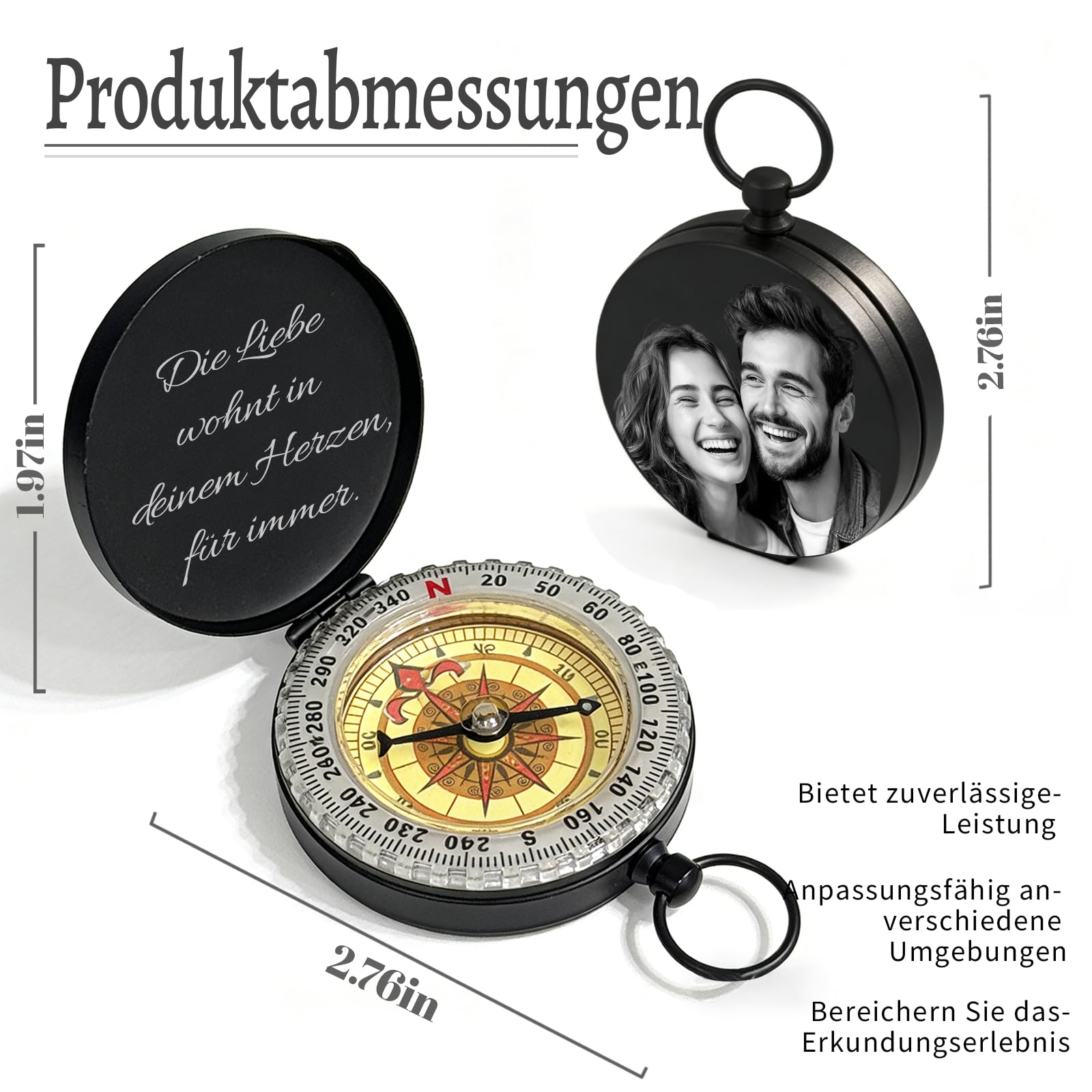 Personalisierter Kompass mit Gravur Foto Text Personalisierte Mini Kompas Schlüsselanhänger mit Leuchtziffern Geschenk für Mann Vater Freund Neffe