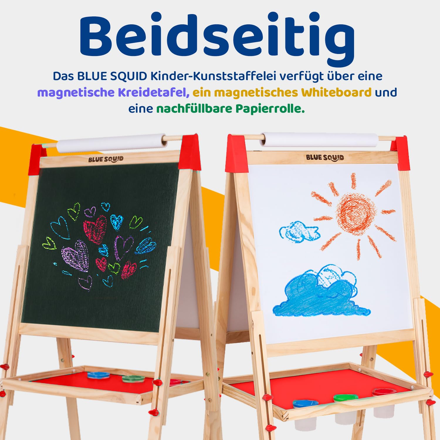 Kunst Staffelei für Kinder mit Zubehör- Doppelseitige hölzerne Tafel für Kinder mit magnetischer Kreidetafel, abwischbarem Whiteboard & Papierrolle, Kindertafel mit Kreide und Magnet 2-4 4-8 9-12