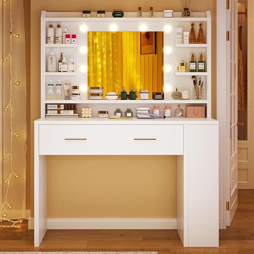 TEENFON Coiffeuse avec Miroir,Luminosité Réglable,3 Couleurs, Coiffeuse avec 4 étagères Ouvertes, Blanc,Rangement Latéral - 7