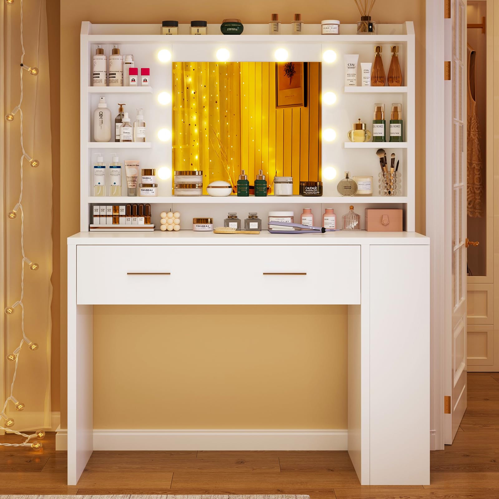TEENFON Coiffeuse avec Miroir,Luminosité Réglable,3 Couleurs, Coiffeuse avec 4 étagères Ouvertes, Blanc,Rangement Latéral