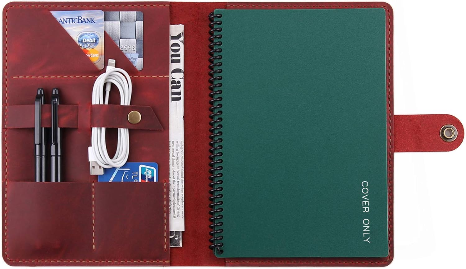 Leather Folio Cover Compatible with Rocketbook Executive Size 6"x8.8", Handmade Rustic Leather Journal Cover for A5 Notebooks - Wine
