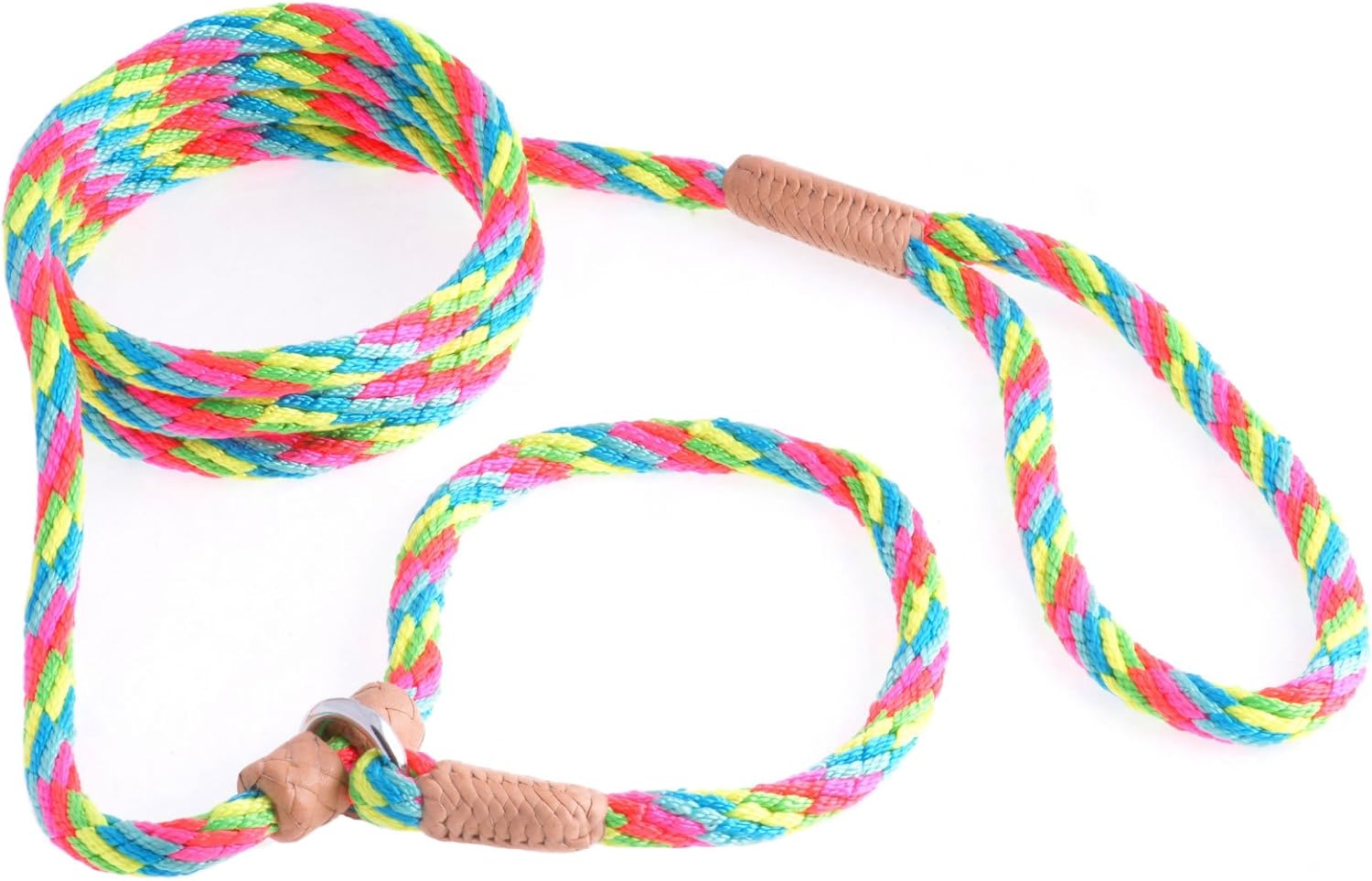 Alvalley Nylon Dog Training Leash with 2 Stoppers - Adjustable Nylon Rope Comes with Braided Leather at Ends - Tagua Bead Stopper Slip Lead - Suitable for Walking, and Training