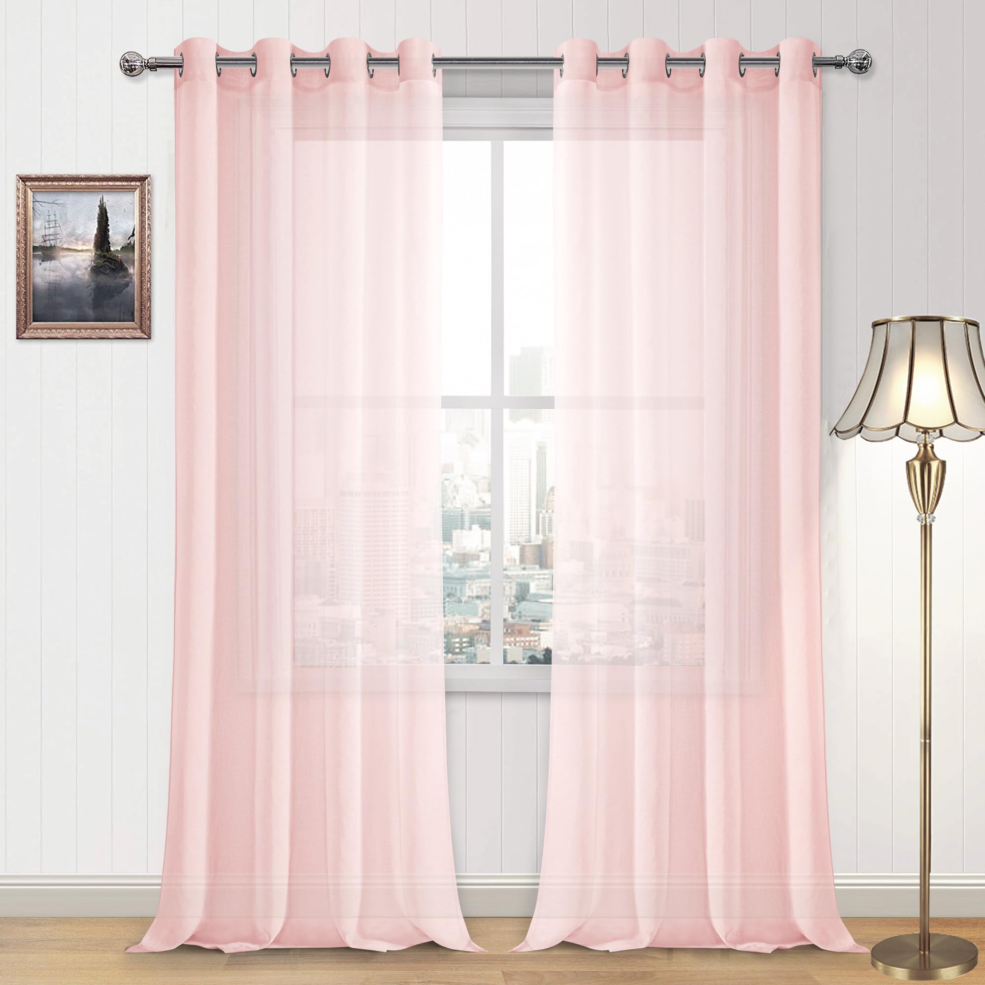 DWCN Blush Pink Sheer Curtains Bedroom Curtains Faux Linen Voile Sheer Drapes Grommet Top Window Curtain Panel 52 x 90 inches Long,Set of 2 Panels — image 1