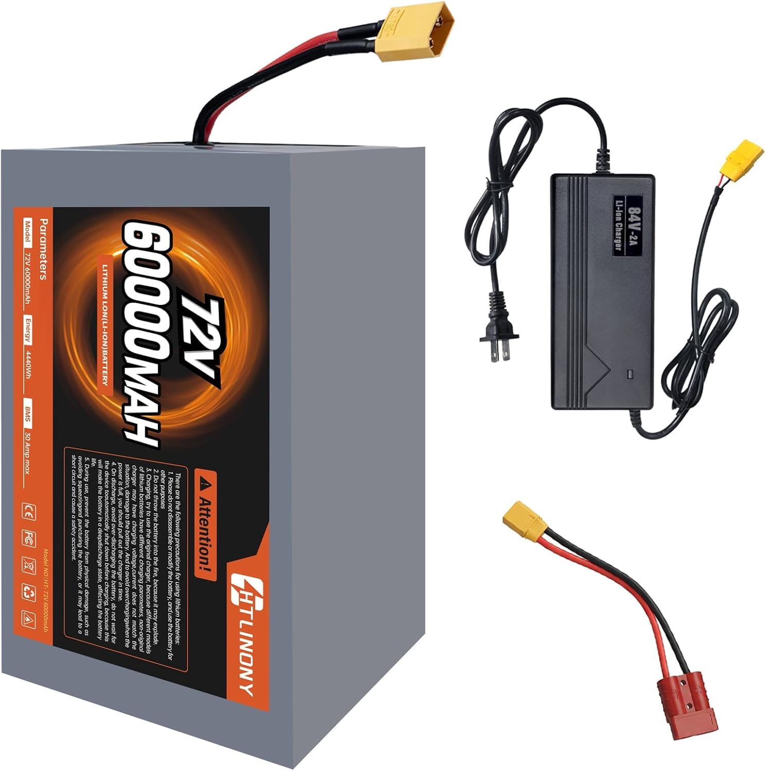 HTLINONY 72V 60Ah Lithium Battery – High Capacity for 250W–3500W Motors, 30A BMS, XT90 & Anderson Connector, IP65 Waterproof – Ideal for E-Bike, Scooter, Motorcycle