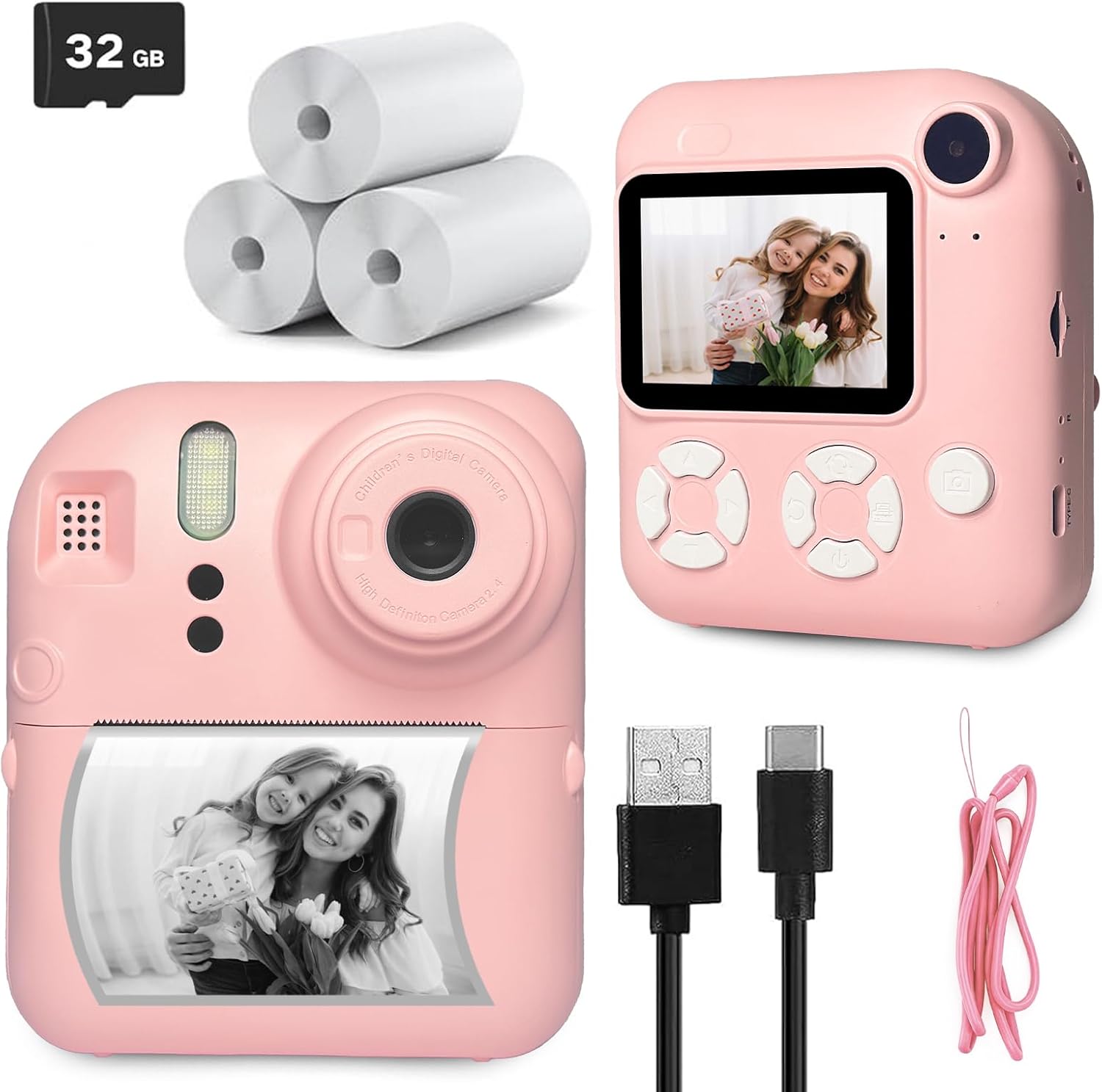 Instant Print Camera for Kids, Christmas Birthday Gifts for Kids Ages 3-12, 16X Zoom,1080P Vedio Selfie Digital Camera,Toddler Portable Toy for Girls and Boys with 32GB TF Card (Pink)
