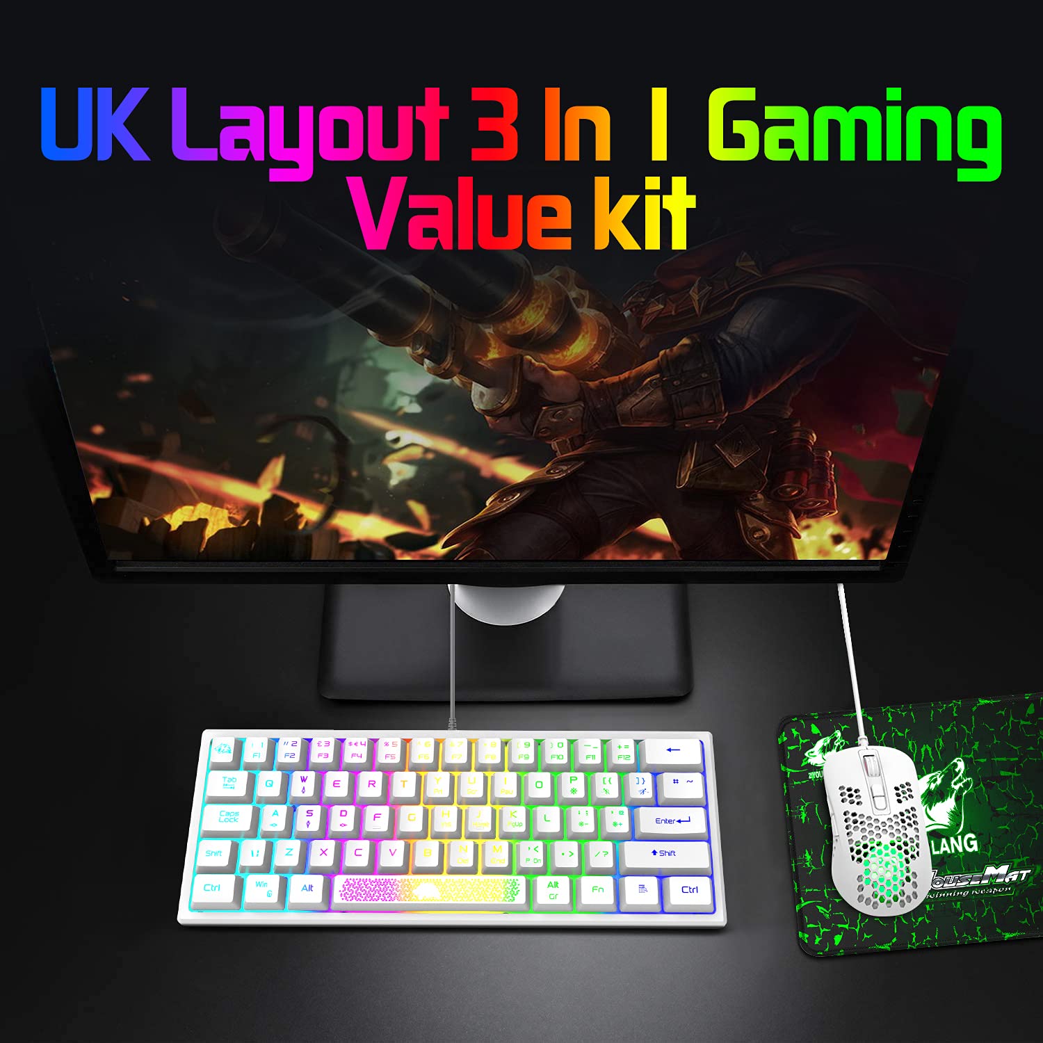 Tastiera e Mouse da Gioco RGB Layout QWERTY USB Cablato 60% 62 tasti Mini Gaming Keyboard Portatile 7 RGB LED backlit +2400 DPI Mouse ultraleggero Guscio a nido d'ape + Tappetino per mouse-Bianco