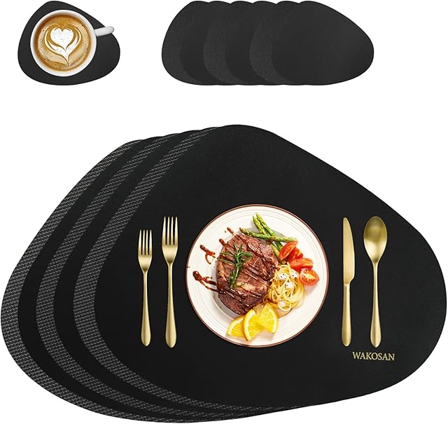 Leather Placemats and Coasters, Non-Slip Heat Resistant Placemats, Washable Table Decoration, Round Place Mats, Wipe Clean Place Mats for Kitchen Dining Table, Set of 6 (Black)